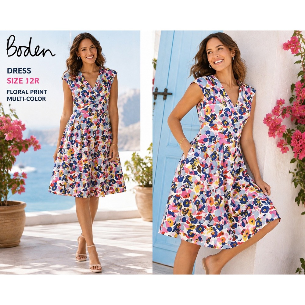 Boden Women 12R Multi Color Floral V Neck Flare Sleeveless Summer Dress W0764